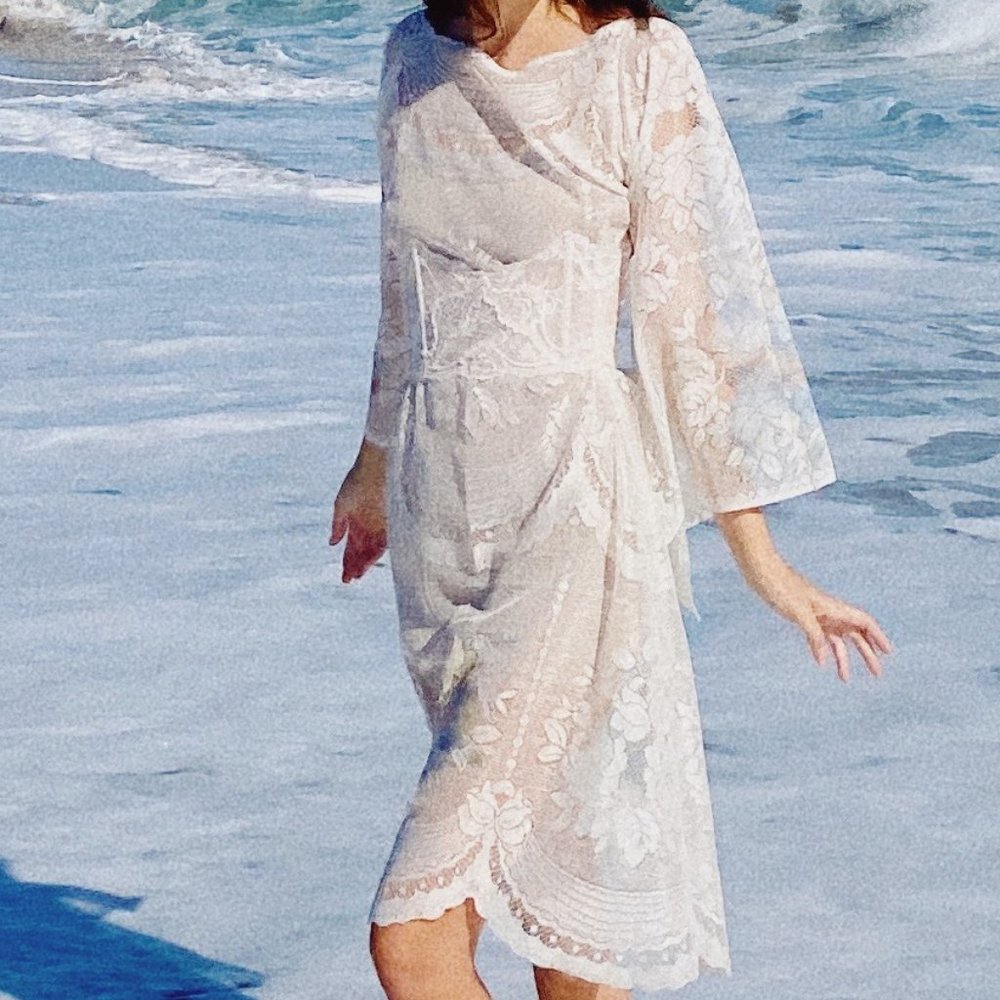 Vintage White Lace Sheer Bell Sleeve Floral Hippie Midi Dress - Picture 7 of 12